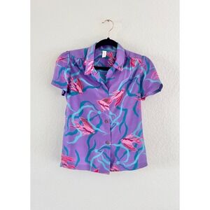 Een Meeni Vintage 80s Koi Fish Blouse Womens S Purple Short Sleeve Puff Shoulder